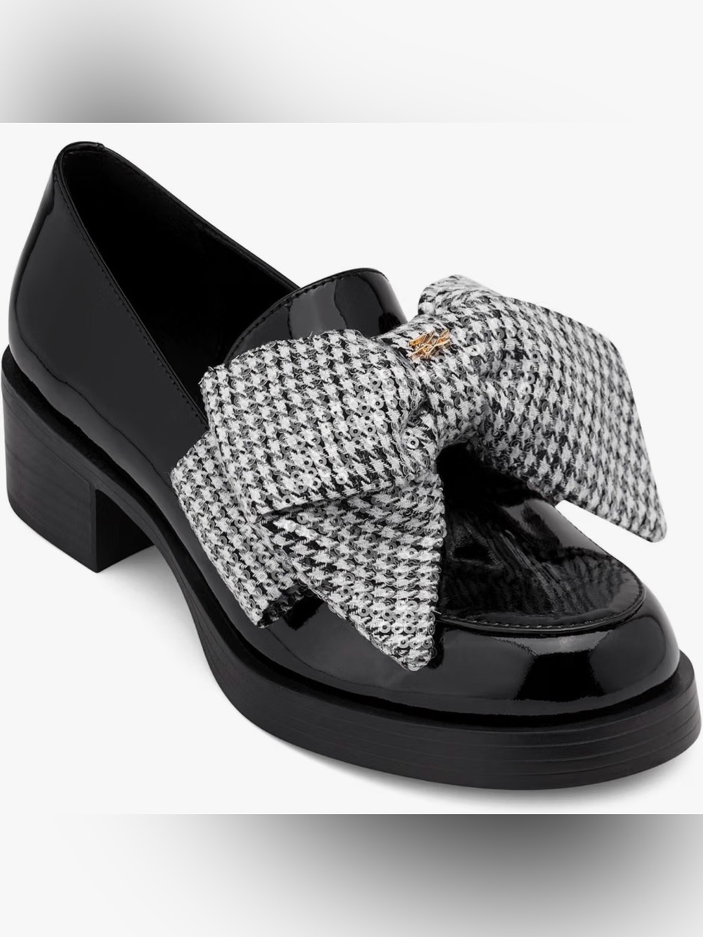 Karl Lagerfeld Camilla Black Patent Loafers with Houndstooth Sequin Bow